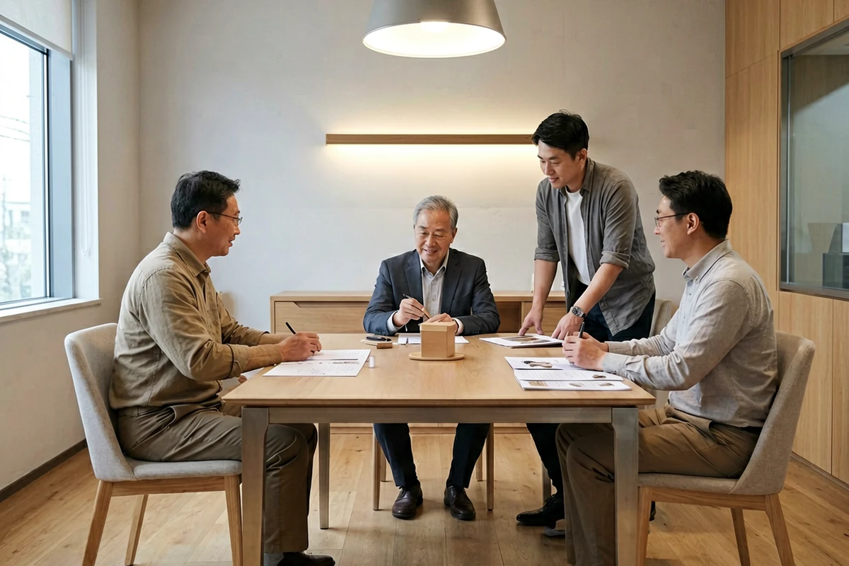 Four men in a modern office reviewing a wooden architectural model on a table during a hospitality product approval meeting.
