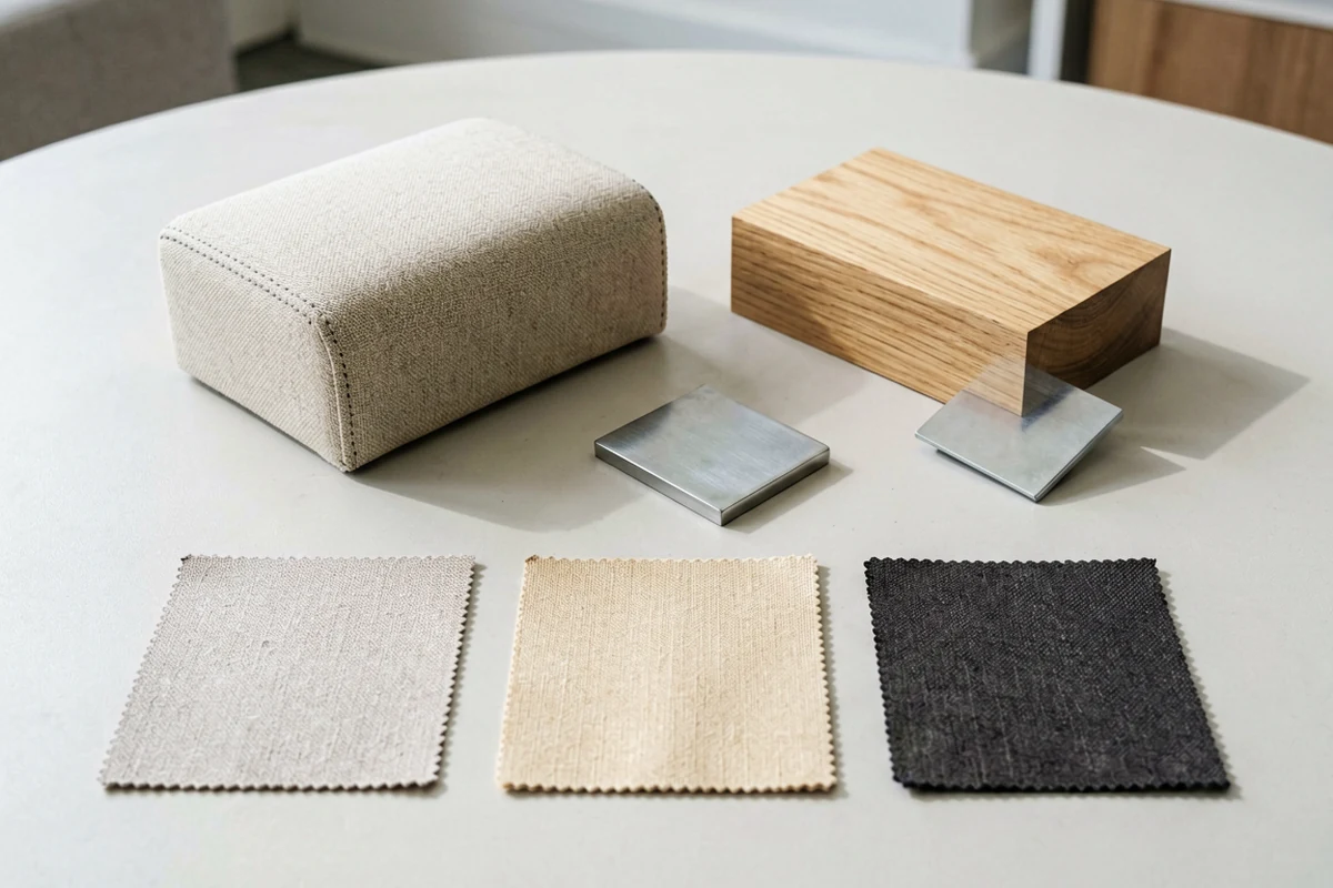 A collection of hospitality material samples including beige fabric swatches, a wood block, metal hardware pieces, and an upholstered ottoman on a white table.