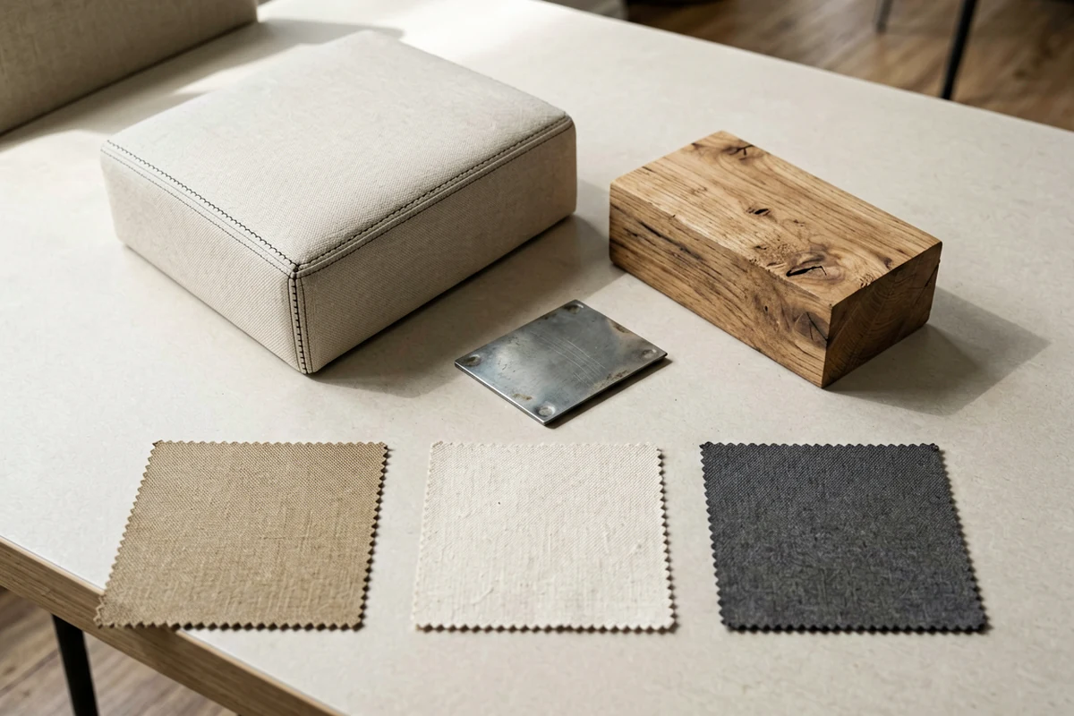 A collection of hospitality material samples including beige fabric swatches, a wooden block, and metal hardware arranged on a table.