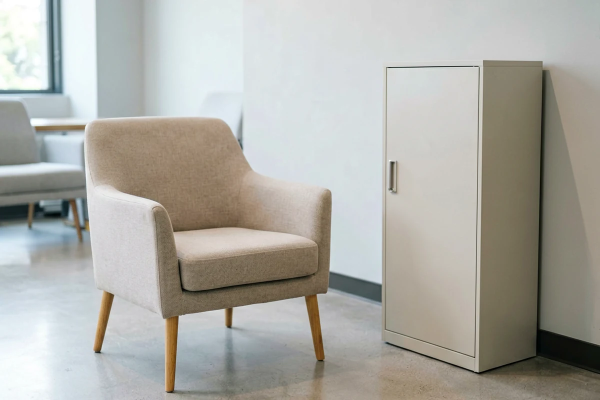 A beige upholstered armchair with wooden legs sits next to a tall, light grey metal storage cabinet in a bright, modern room with polished concrete floors.