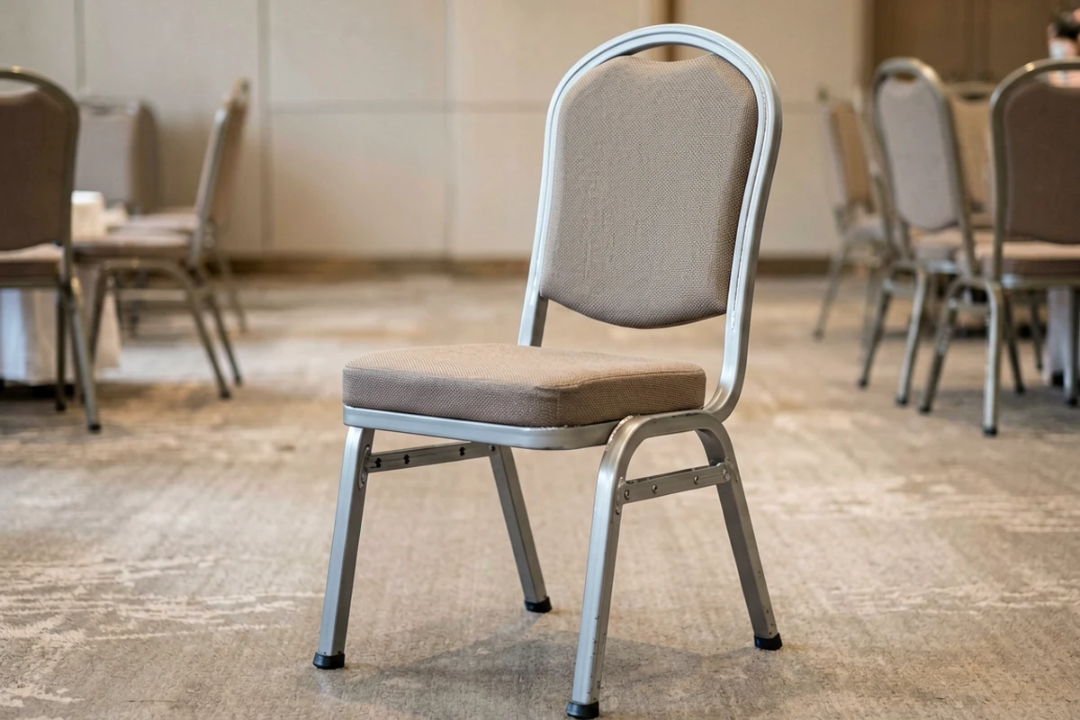 A beige upholstered banquet chair with a silver metal frame standing alone on a patterned carpet in a hotel conference room.
