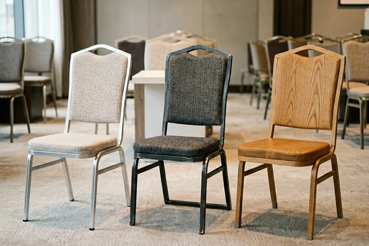 Three different styles of banquet chairs displayed side-by-side on a carpeted floor: a silver metal frame with beige upholstery, a black metal frame with dark grey fabric, and a light wood frame with a wooden seat.