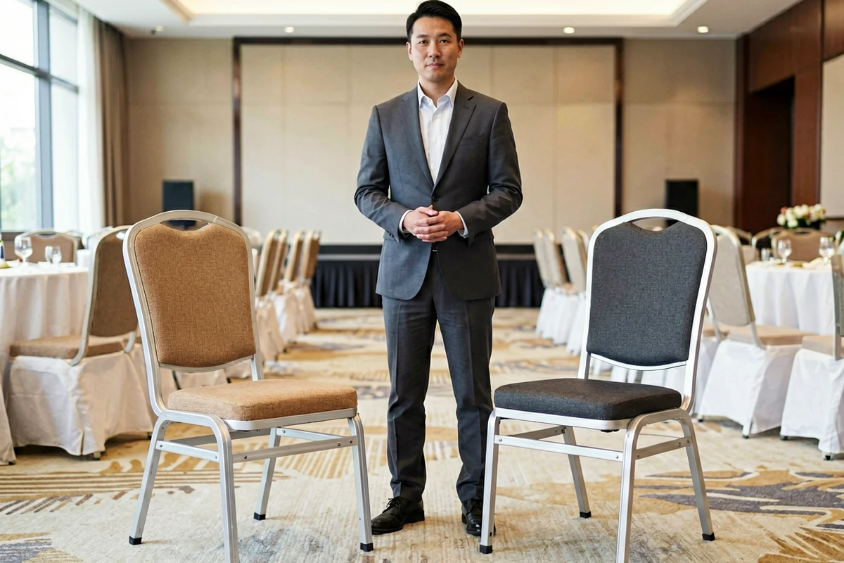 A man in a grey suit stands between two different styles of banquet chairs in a hotel conference room, illustrating options for event seating.
