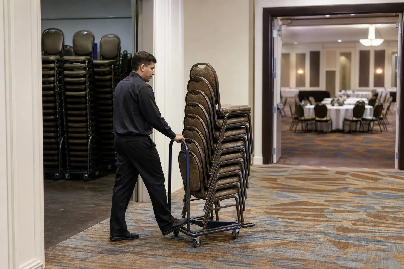 Hotel banquet chairs stacked on a transport dolly in a clear event-service workflow between storage and ballroom setup.