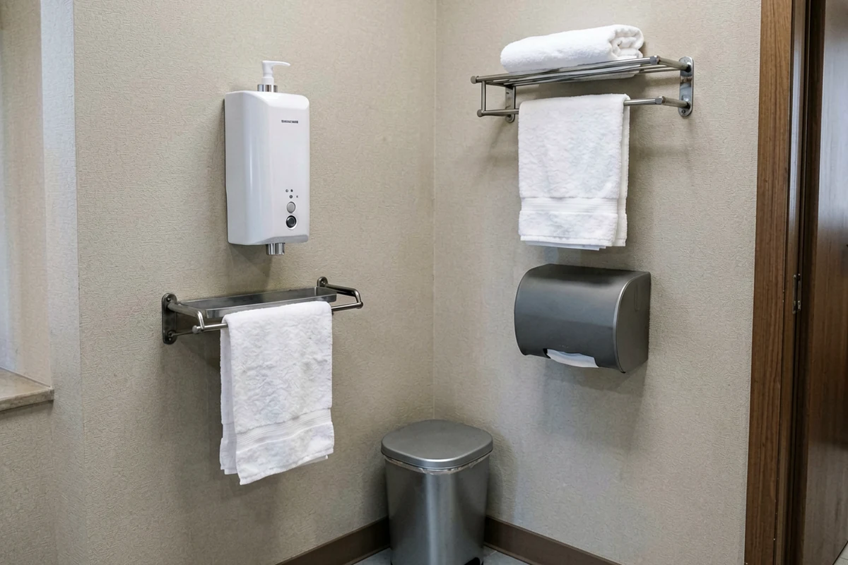 Modern hotel bathroom corner featuring stainless steel towel racks with white linens, wall-mounted soap dispenser, toilet paper holder, and metal trash bin.