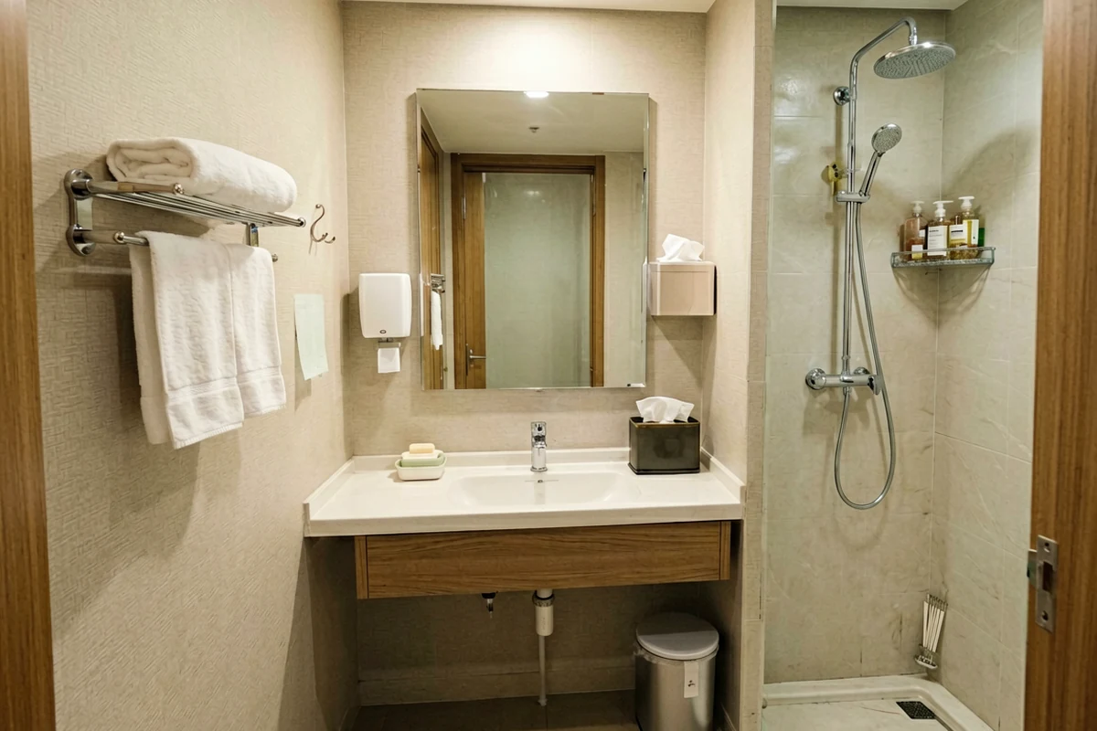 A modern hotel bathroom featuring a wooden vanity with white countertop, chrome shower fixtures, neatly folded towels on a rack, and wall-mounted dispensers.