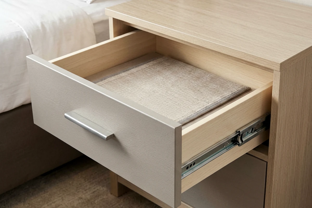 Close-up of a light wood hotel nightstand with an open drawer revealing metal slide mechanisms and a fabric-lined interior.