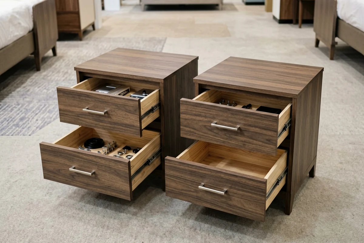 Close-up of two modern hotel nightstands with open drawers showing metal drawer slides and cabinet hardware.