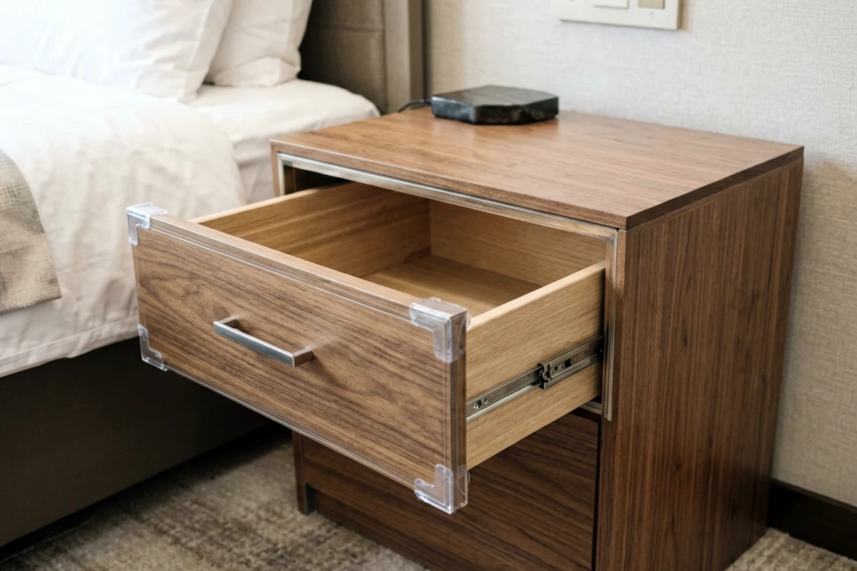 Close-up of a modern wooden hotel nightstand with an open drawer featuring protective corner guards, placed next to a made bed.