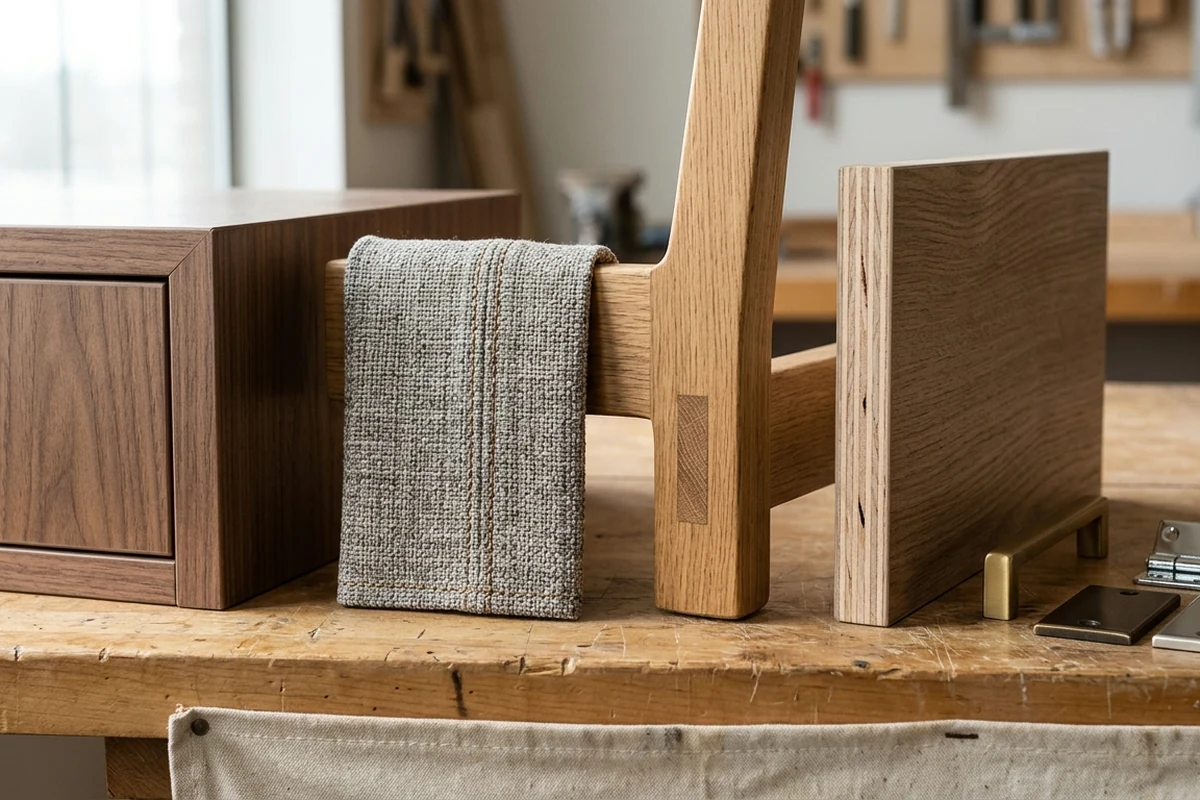 Furniture materials on a workbench.