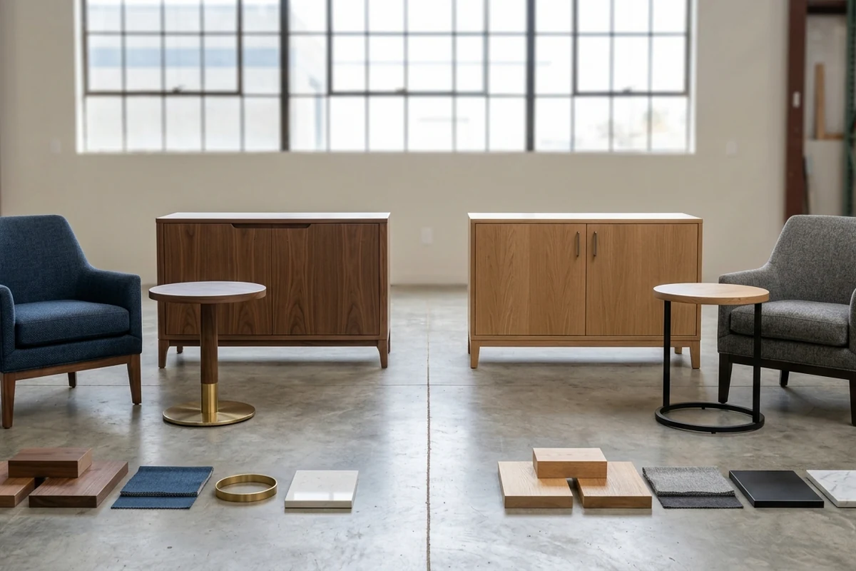 Side-by-side comparison of dark and light wood hotel furniture sets with material swatches on the floor.