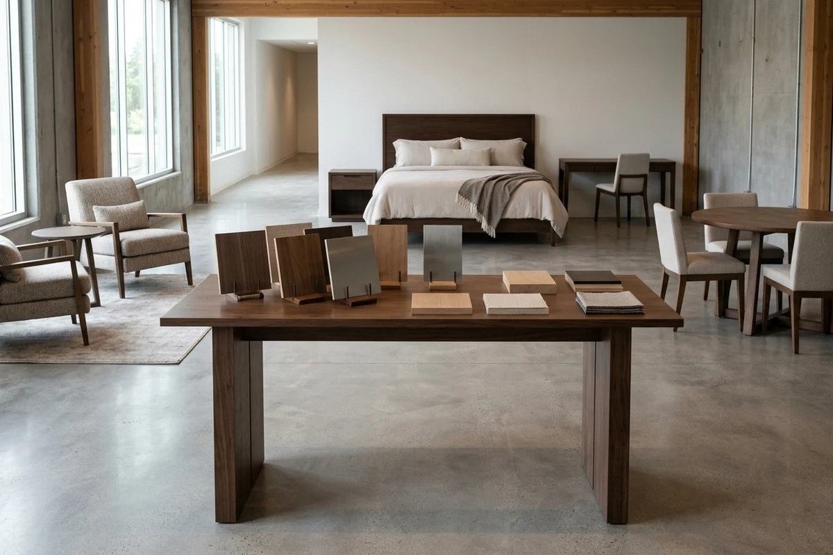 A hotel furniture showroom with a sample table in the foreground and a complete bedroom setup in the background.