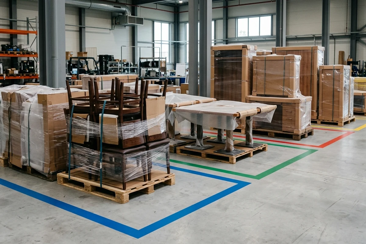 Packaged hotel furniture staged on wooden pallets inside a marked warehouse.