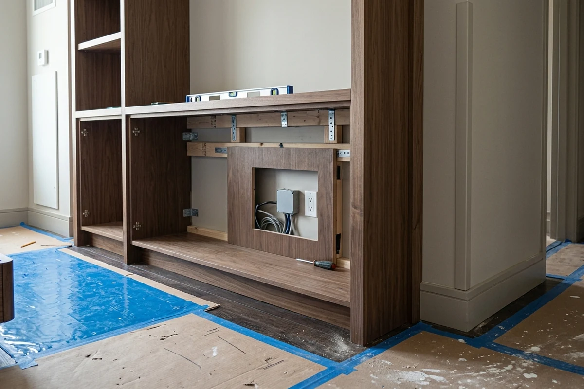 Close-up of custom hotel woodwork installation showing internal framing, electrical wiring, and mounting brackets during the shop drawing implementation phase.