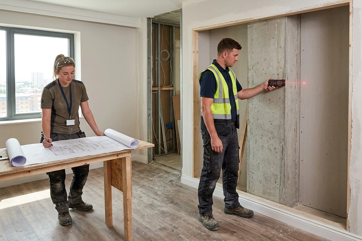 Two construction professionals conducting a site survey in an unfinished hotel room; one reviews blueprints on a workbench while the other uses a laser measuring device on a concrete wall.