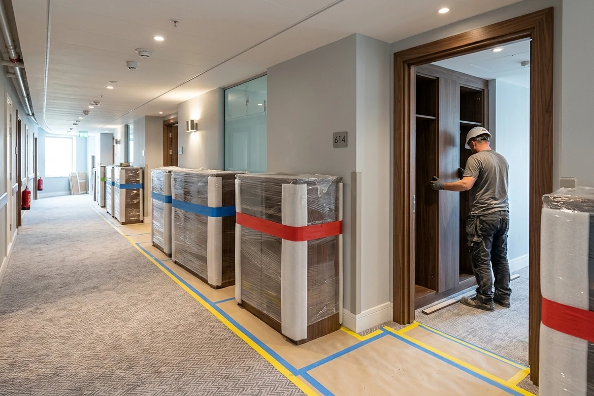 Professional installer installing custom wooden cabinetry in a hotel room during the fixed furniture procurement and installation phase, with wrapped furniture units lined up in the hallway.