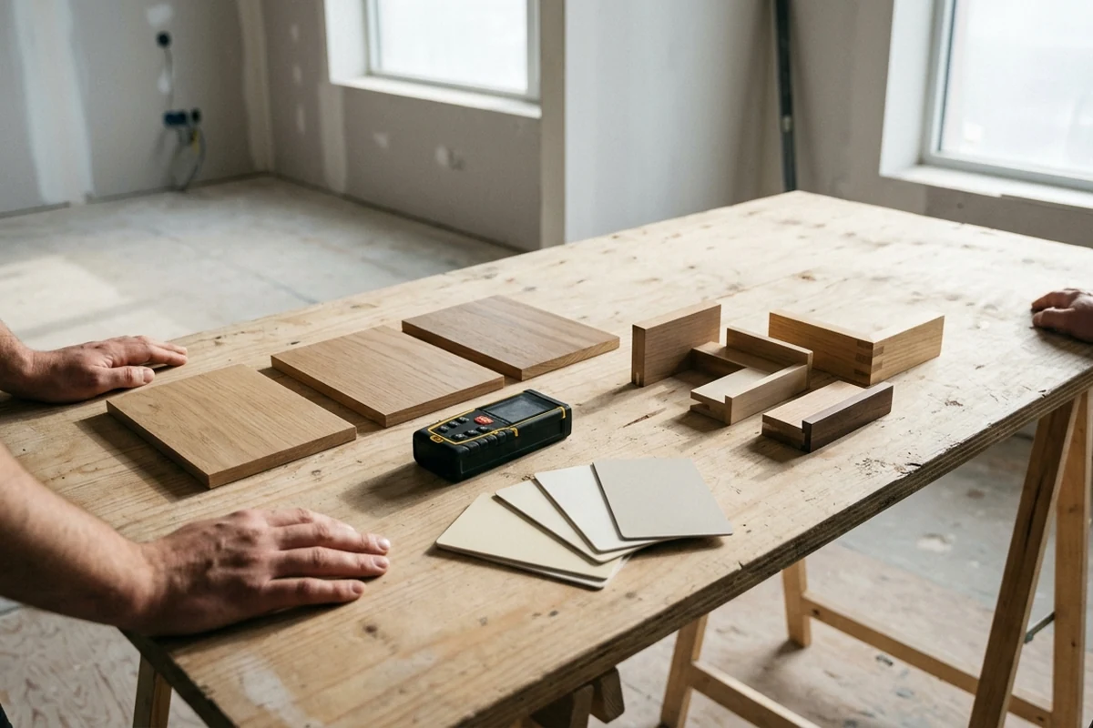 A close-up view of a wooden workbench in an unfinished room displaying various wood and material samples alongside a digital measuring tool, with hands resting on the table to indicate active site survey or procurement review.