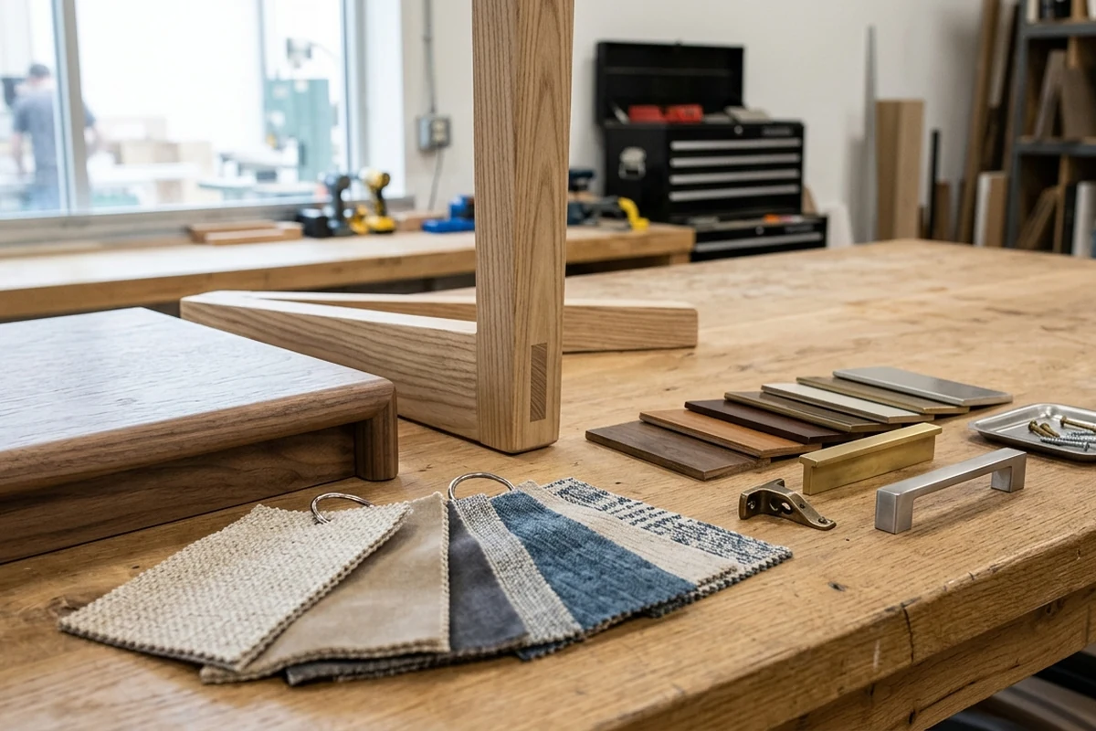 Close-up of a wooden workbench displaying various hotel furniture material samples including wood veneers, fabric swatches, and metal handles.