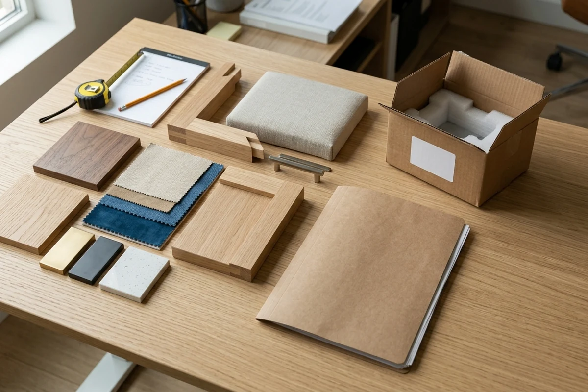A wooden table displaying various hospitality furniture samples including wood veneers, fabric swatches, metal hardware, and packaging materials for supplier review.