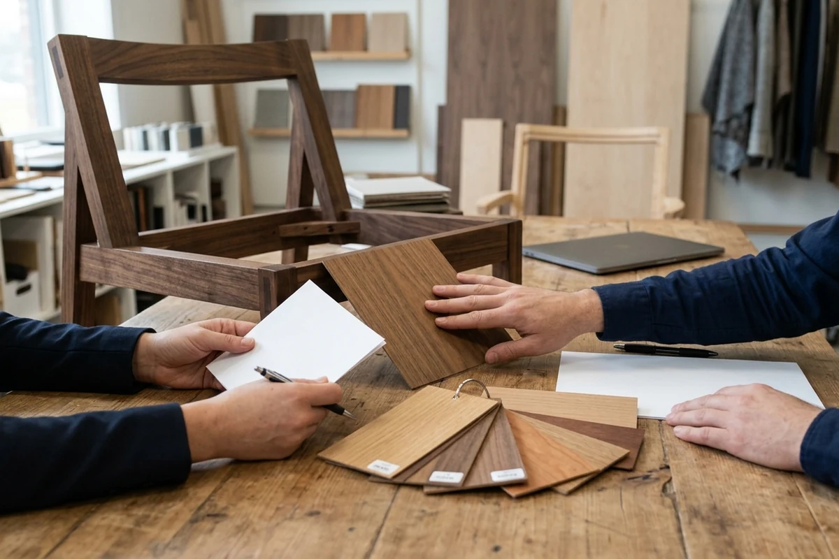 Close-up of two professionals comparing wood grain samples and reviewing a white chair frame on a wooden table, representing hotel furniture manufacturing consultation.