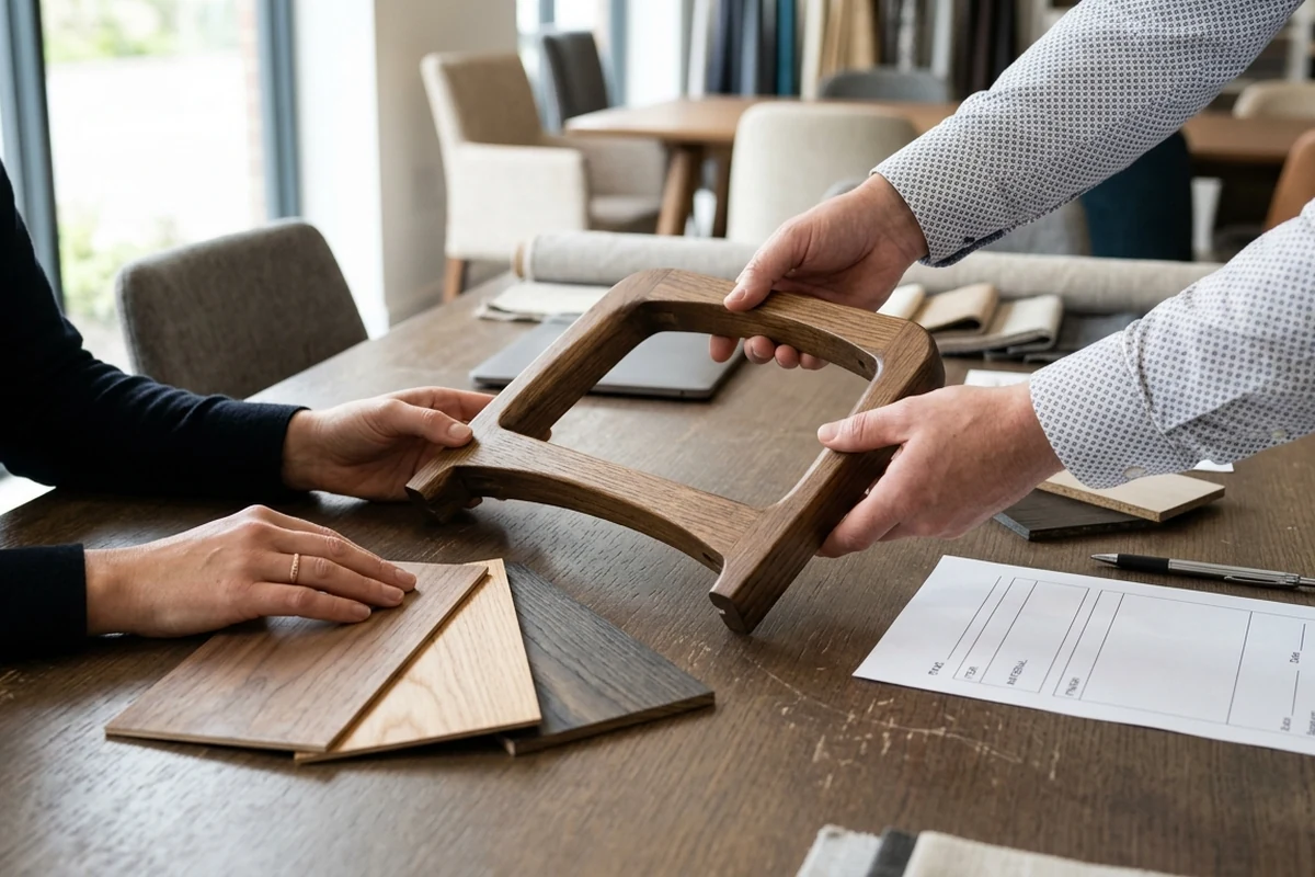 A furniture manufacturer presents a wooden chair frame and finish samples during a buyer consultation.