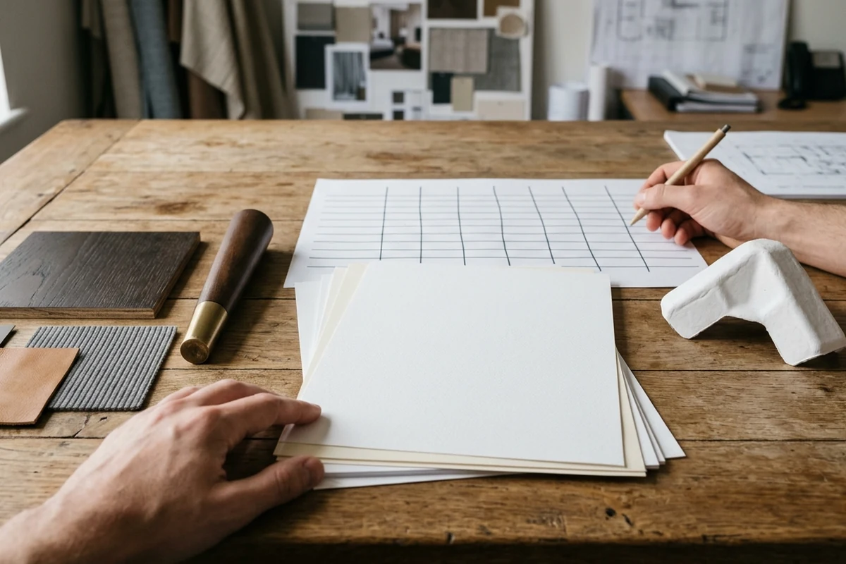 Close-up of a designer's hands reviewing material samples and sketching on graph paper at a wooden worktable, representing the pre-RFQ planning phase for hotel furniture.
