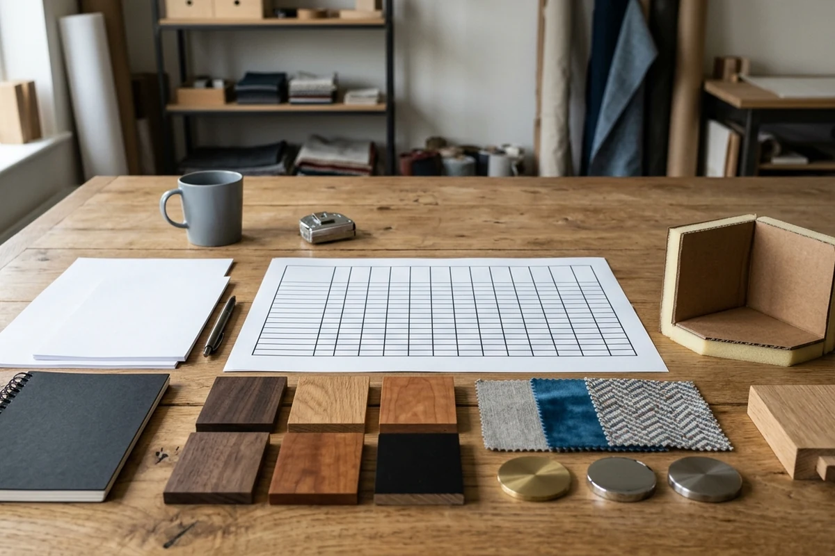 A worktable holds wood finishes, fabric swatches, metal accents, and a blank planning grid for hotel furniture review.