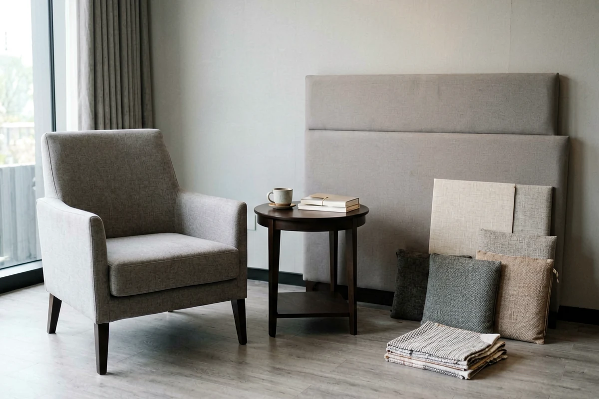 A modern grey upholstered armchair sits next to a small wooden table displaying fabric swatches, pillows, and headboard samples, illustrating options for hotel furniture sourcing.