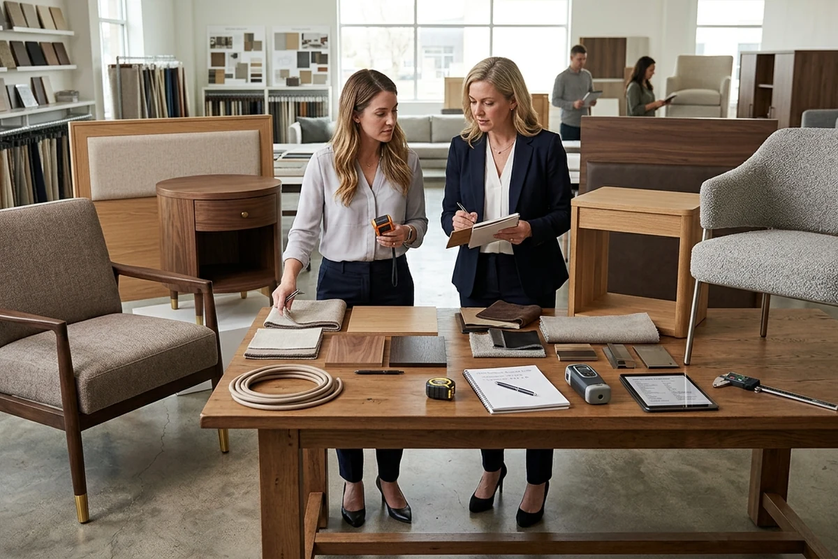 Two female interior designers standing at a large wooden table reviewing fabric swatches and wood finish samples in a well-lit furniture showroom.