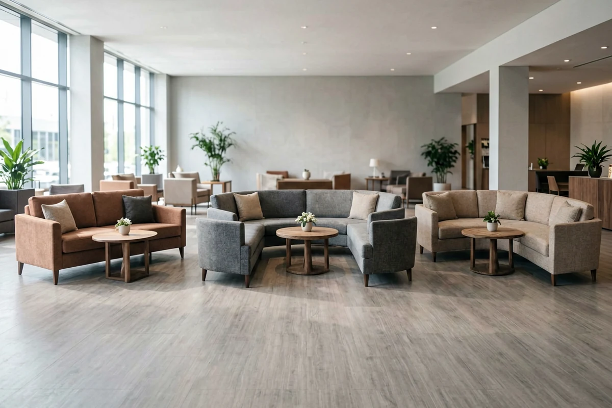 Spacious modern hotel lobby featuring three distinct seating arrangements with brown, grey, and beige sofas arranged around wooden coffee tables on light wood flooring.