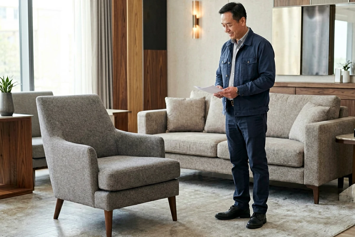 A man in business casual attire stands smiling in a modern hotel lobby, reviewing documents near a grey armchair and sofa set.