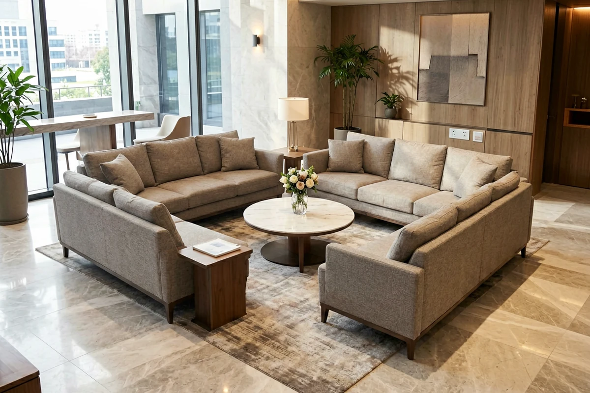 Modern beige modular sofa arrangement in a spacious hotel lobby with marble flooring and large windows.