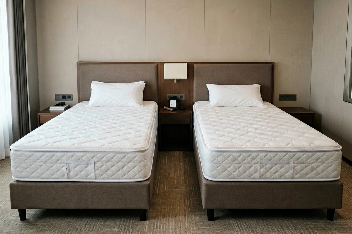 Two identical twin mattresses on upholstered frames in a modern hotel room setting, illustrating options for hospitality procurement.