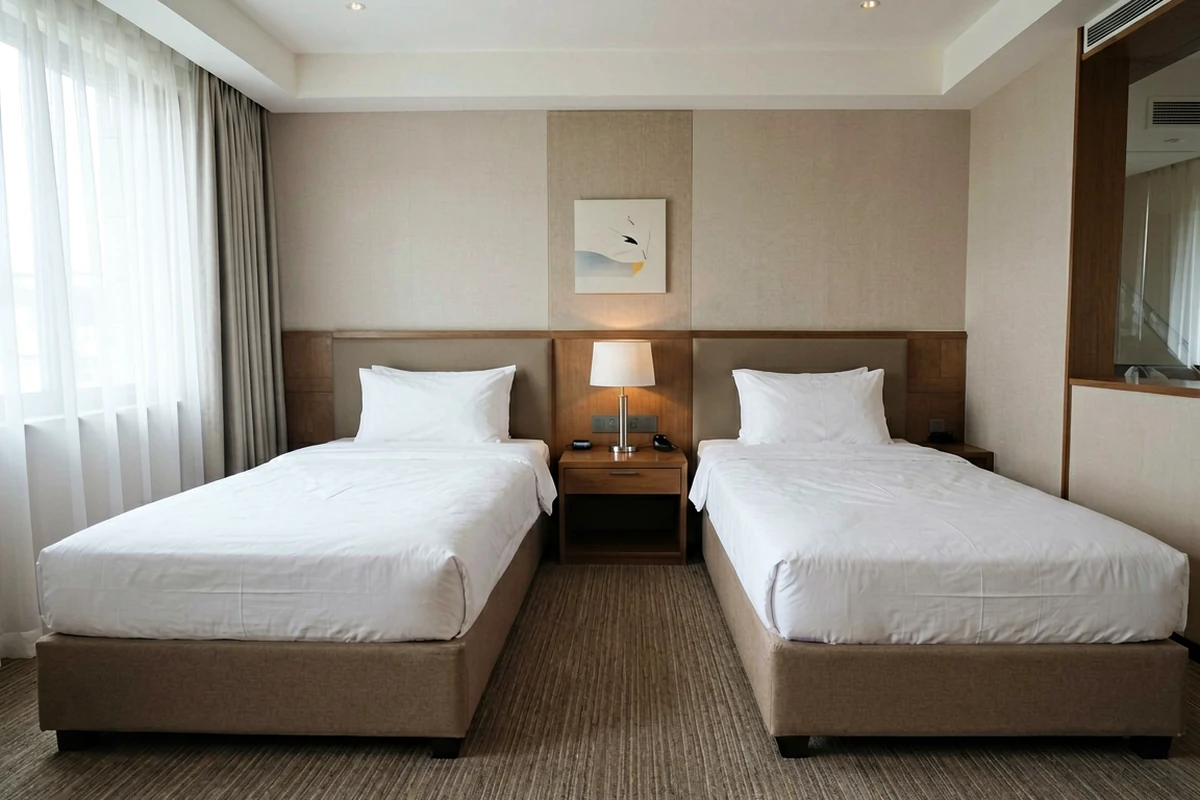 Two identical hotel beds with white linens and neutral headboards in a modern guest room, illustrating standard hospitality mattress setup.