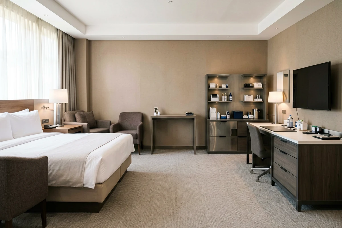 Spacious modern hotel room featuring a neatly made bed, work desk, seating area, and minibar station.