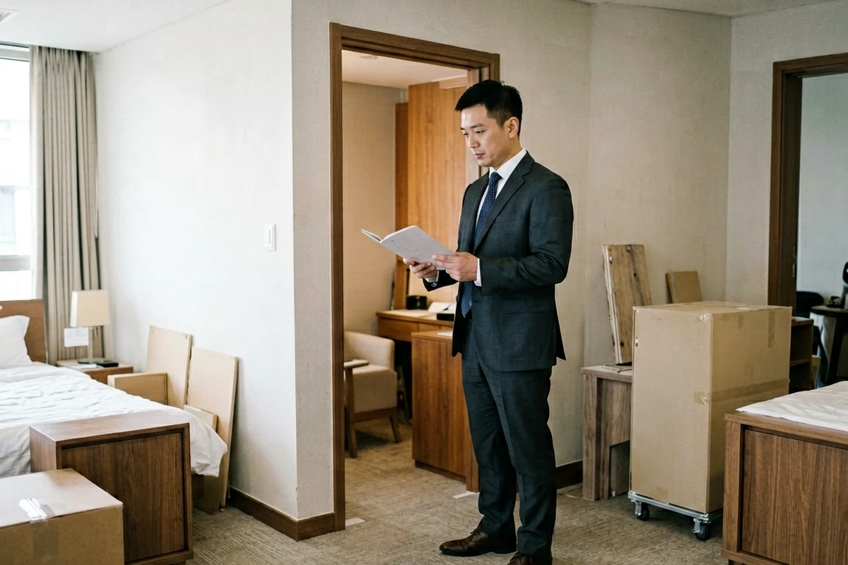 Hotel manager in a suit reviewing a clipboard during a room inspection amidst moving boxes and furniture during hotel opening preparations.