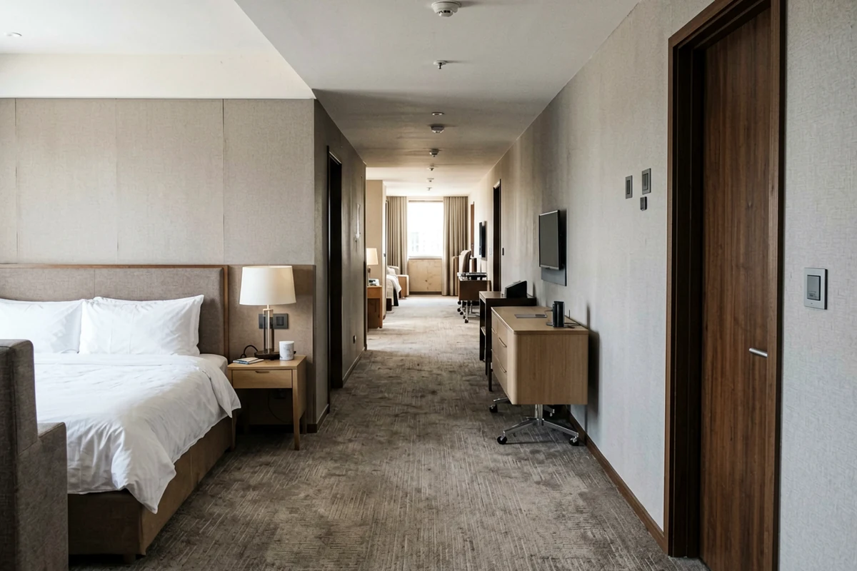 A long, modern hotel corridor featuring multiple guest rooms with neutral tones, wooden furniture, and carpeted flooring.