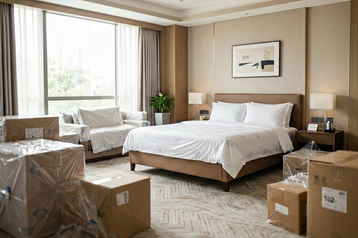 A modern hotel room filled with moving boxes and furniture wrapped in protective plastic, illustrating the procurement and installation phase of a hotel opening.