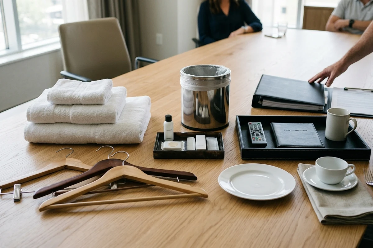A wooden conference table displaying a collection of hotel operating supplies including folded white linens, wooden hangers, toiletries, a guest directory, remote control, and tableware.
