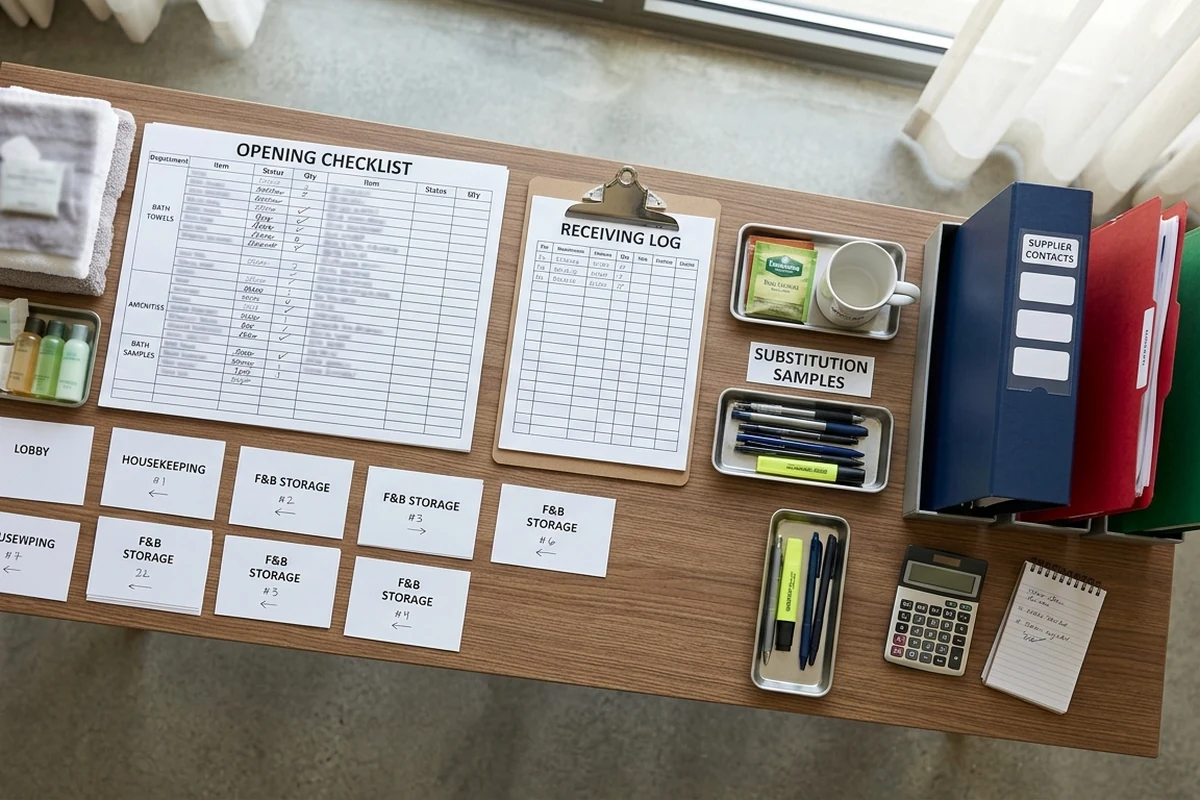 A wooden desk organized with hotel opening readiness documents including an opening checklist, receiving log, supplier binders, and labeled storage signs.