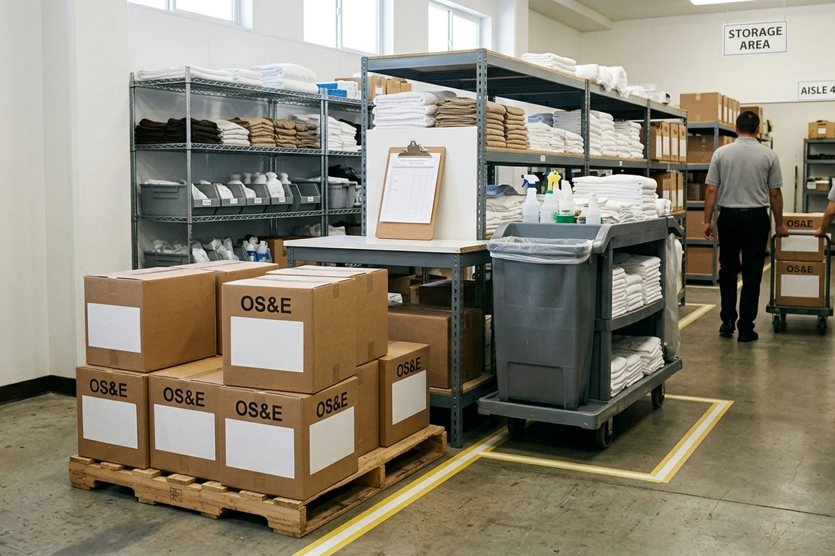 A well-organized hotel storage area featuring metal shelving units stacked with folded linens, cleaning supplies on a cart, and pallets of cardboard boxes labeled 'OS&E' ready for distribution.