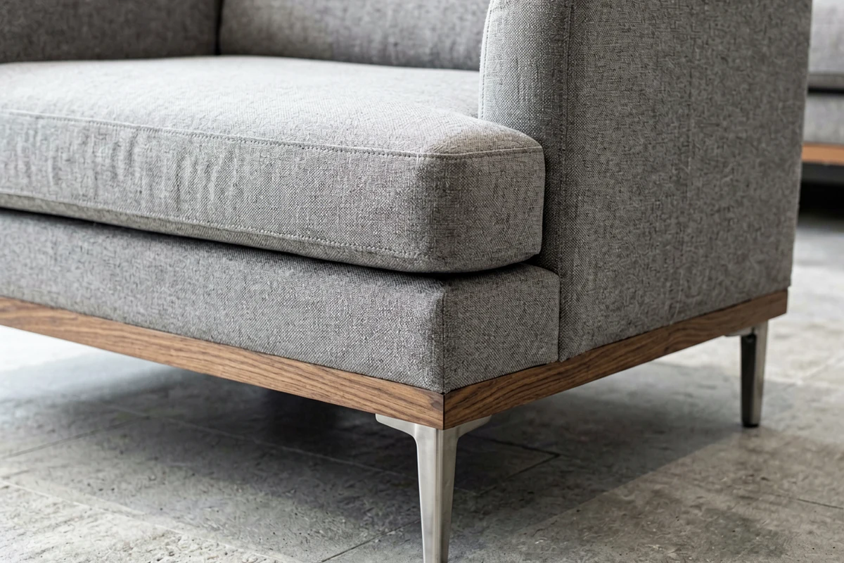 Close-up of a modern grey upholstered sofa with a wooden base and metal tapered legs, suitable for hotel public areas.