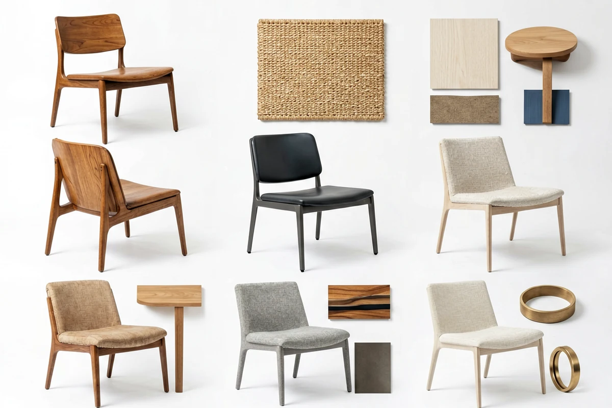 A curated selection of mid-century modern style chairs and material swatches for hotel public areas, featuring wood finishes, woven textures, and fabric options.