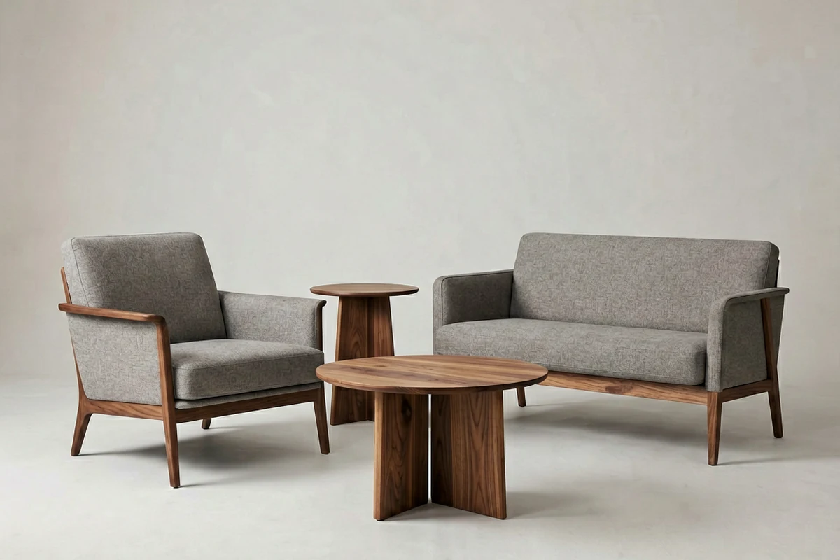 Mid-century modern hotel lobby furniture set featuring a grey upholstered sofa and matching armchair with walnut wood frames, accompanied by two round wooden coffee tables.