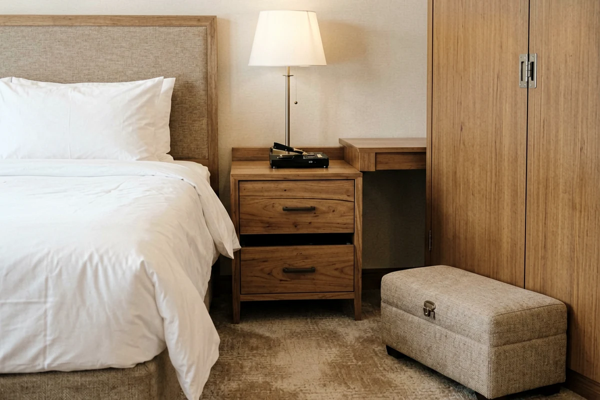 A modern hotel room featuring a wooden bedside table with drawers, a lamp, and a matching upholstered storage bench next to a wardrobe.