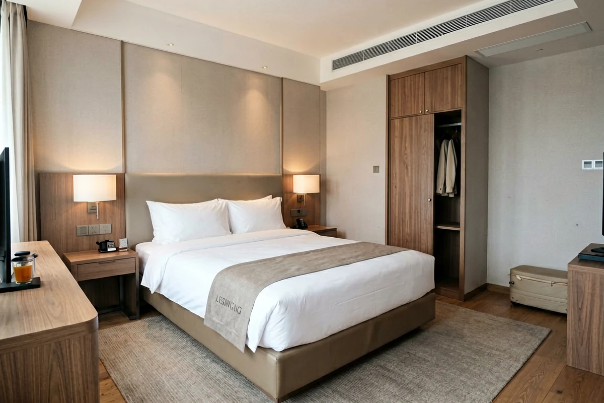 Modern hotel room featuring a neatly made double bed with white linens and a beige runner, flanked by wooden nightstands and wall-mounted lamps, with a tall wooden wardrobe and luggage rack.