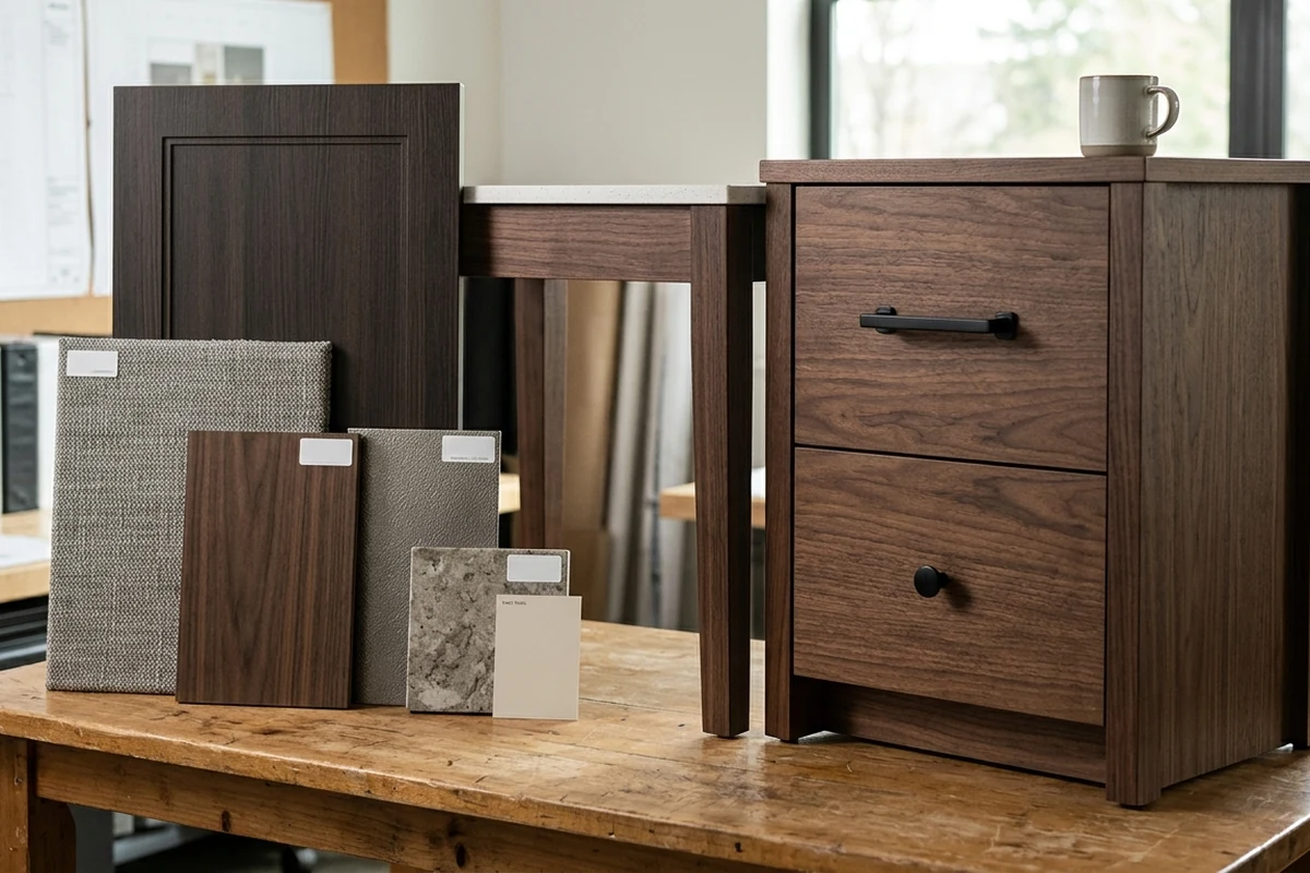 Wood, stone, and fabric material samples next to a wooden nightstand.
