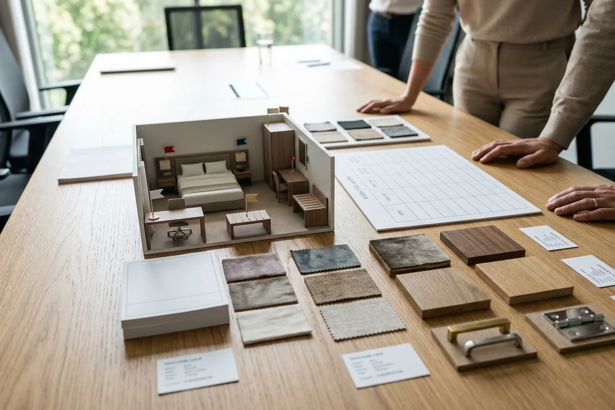 A meeting table displaying a miniature hotel room model, fabric swatches, and wood finishes.