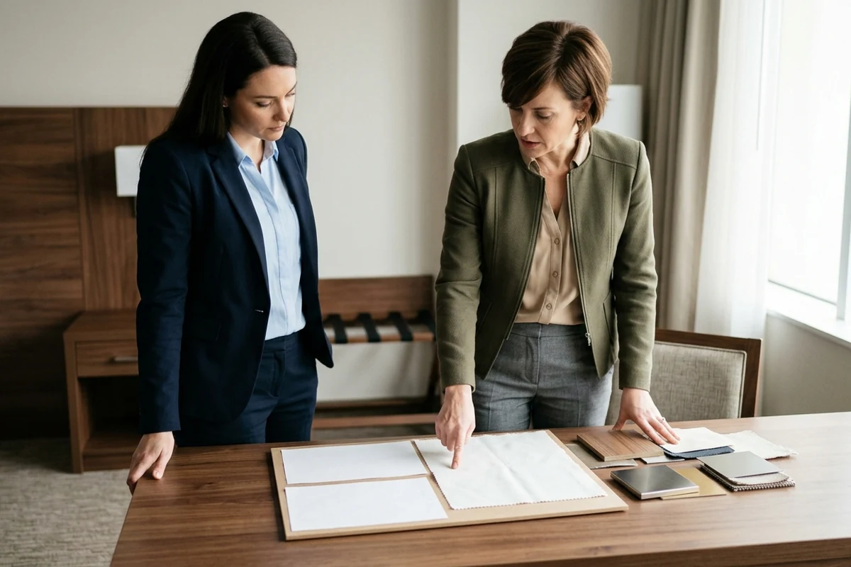 Professionals review furniture material samples on a table.