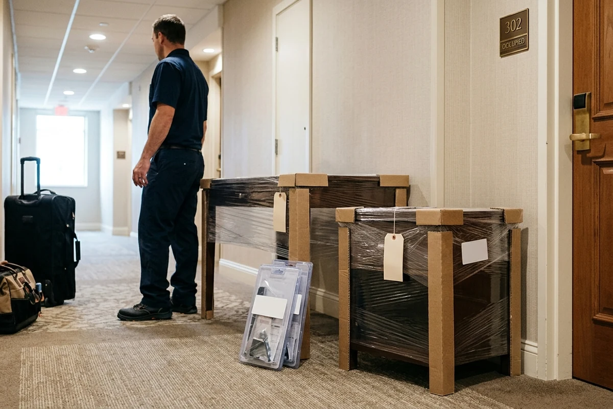 Wrapped hotel furniture staged in a hallway for installation.
